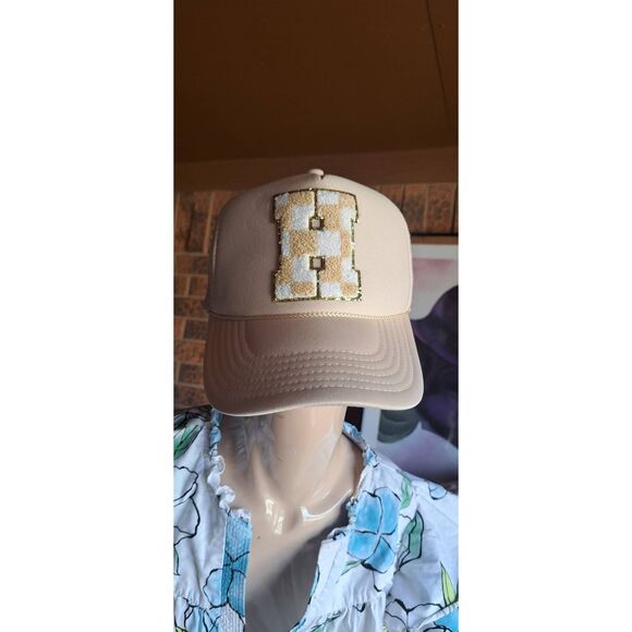 OTTO Accessories - OTTO Trucker Hat Beige Chenille Checkered Initial H Snapback Cap Mesh Back